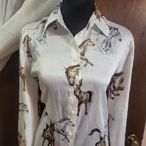 ZARA -  Button Down Horse Print Blouse, With Satin Effect